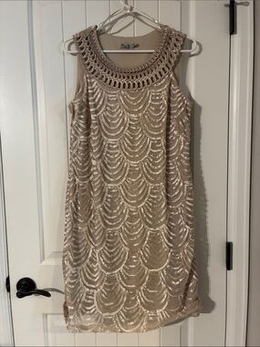 Eliza J Beige Sequin Shift Dress with Braided Neckline
